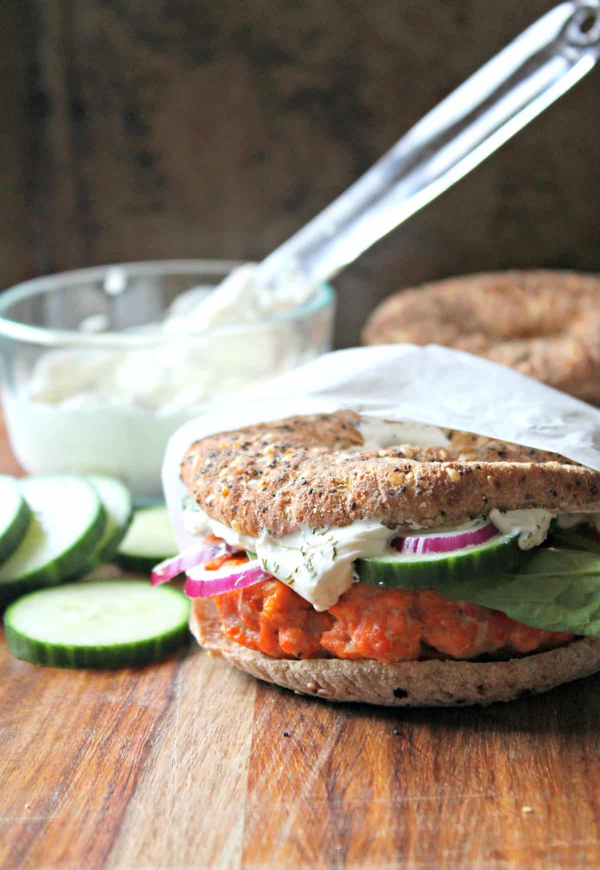 Smoky Salmon Bagel Burger with GarlicDill Schmear