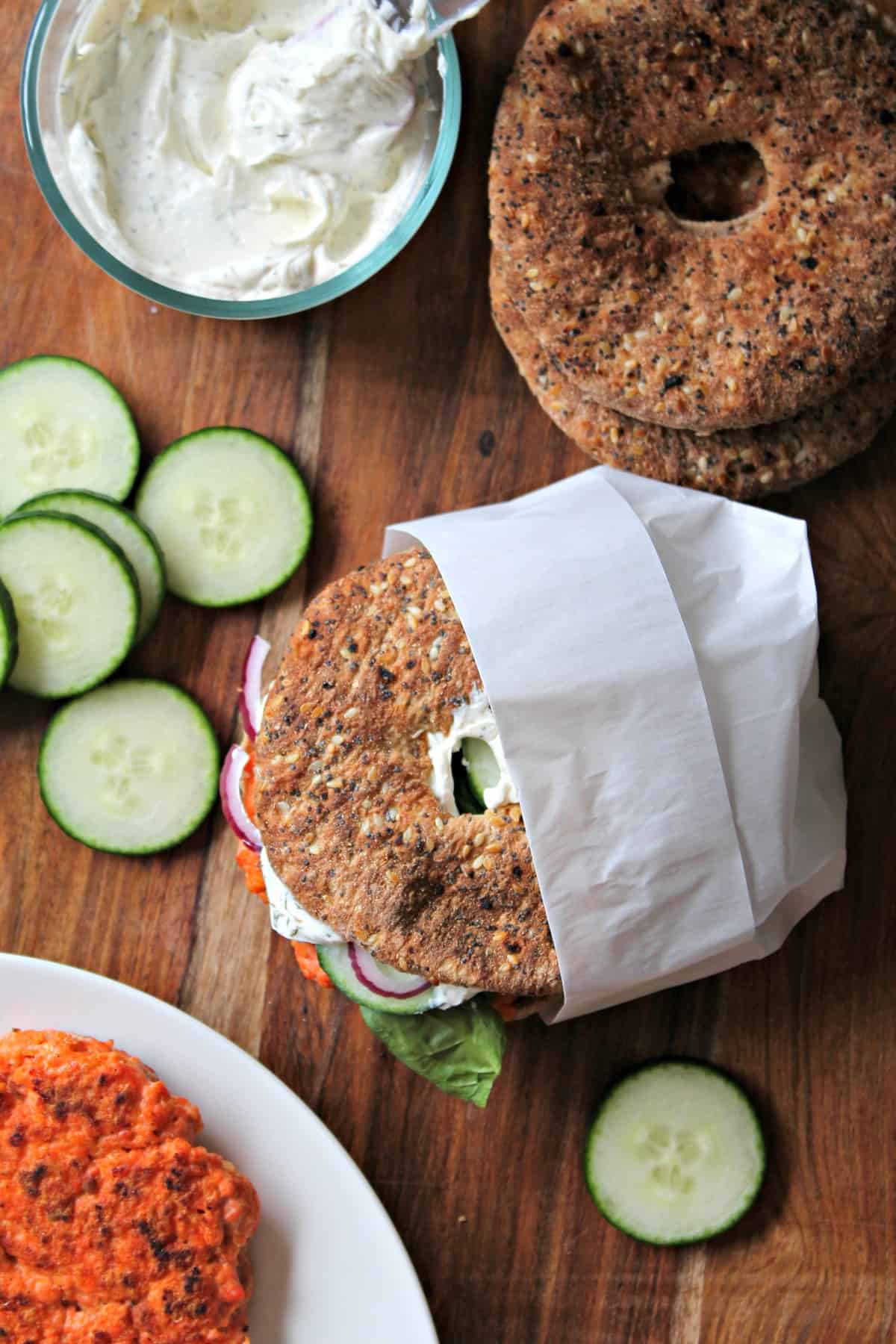 Smoky Salmon Bagel Burger with GarlicDill Schmear