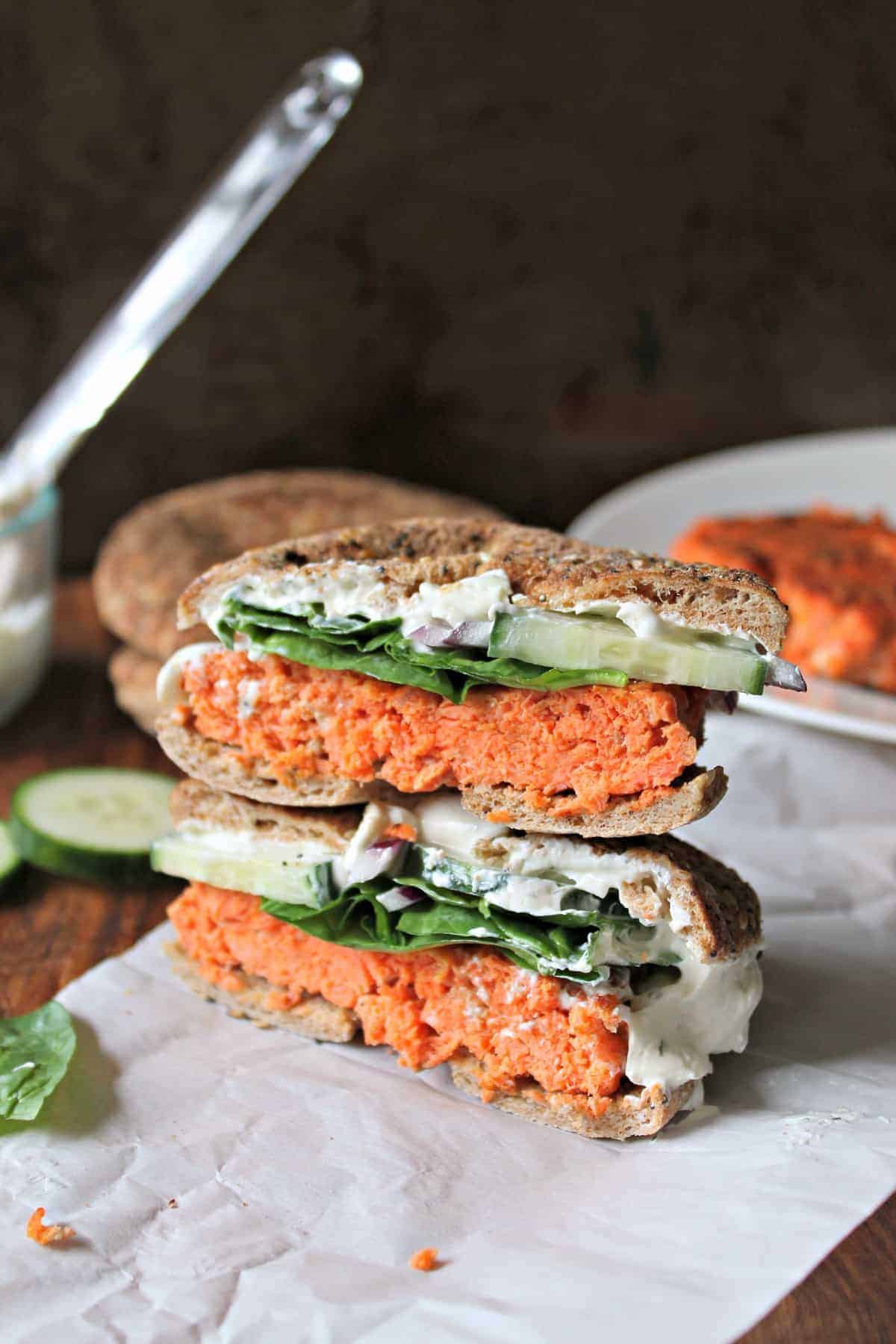 Smoky Salmon Bagel Burger with GarlicDill Schmear