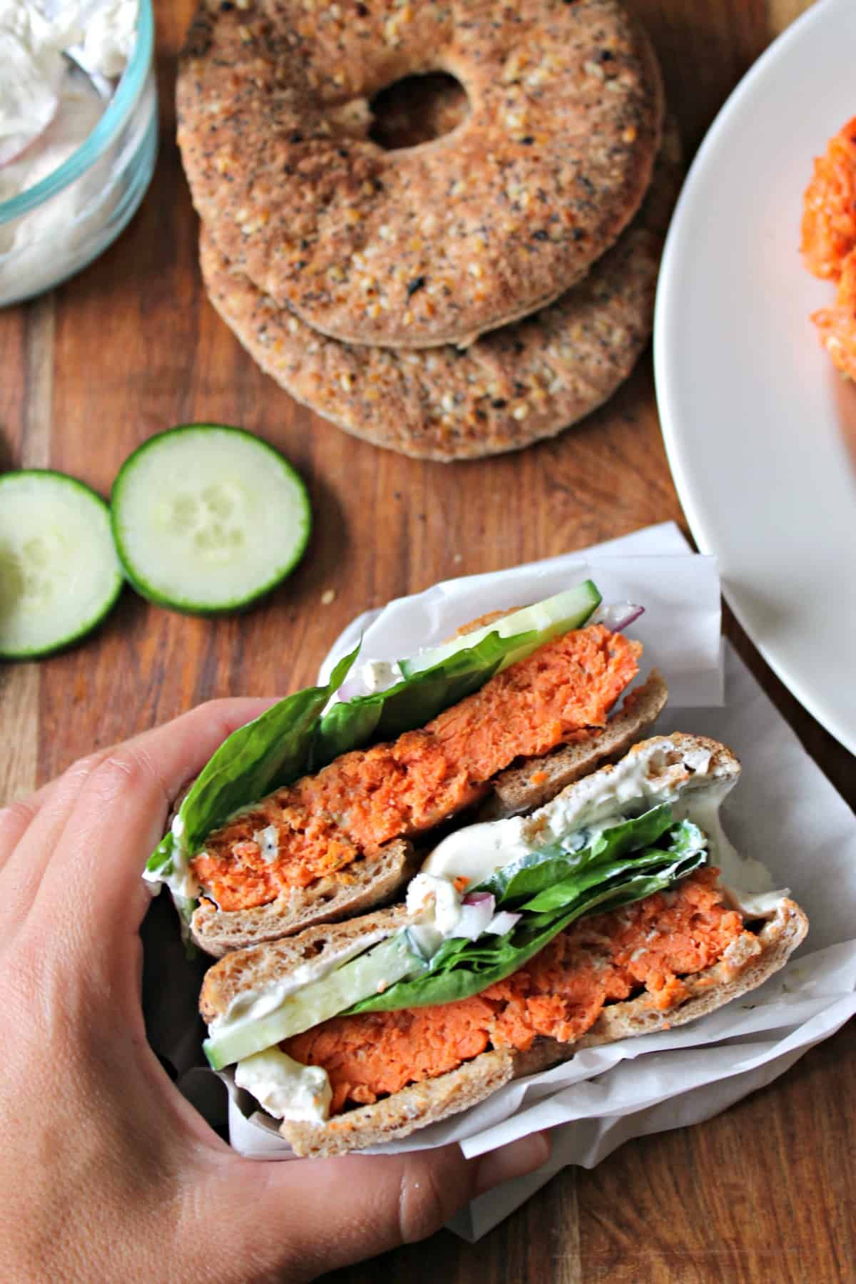 Smoky Salmon Bagel Burger with GarlicDill Schmear