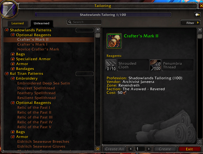 Shadowlands Profession previews Tailoring The Lazy Goldmaker