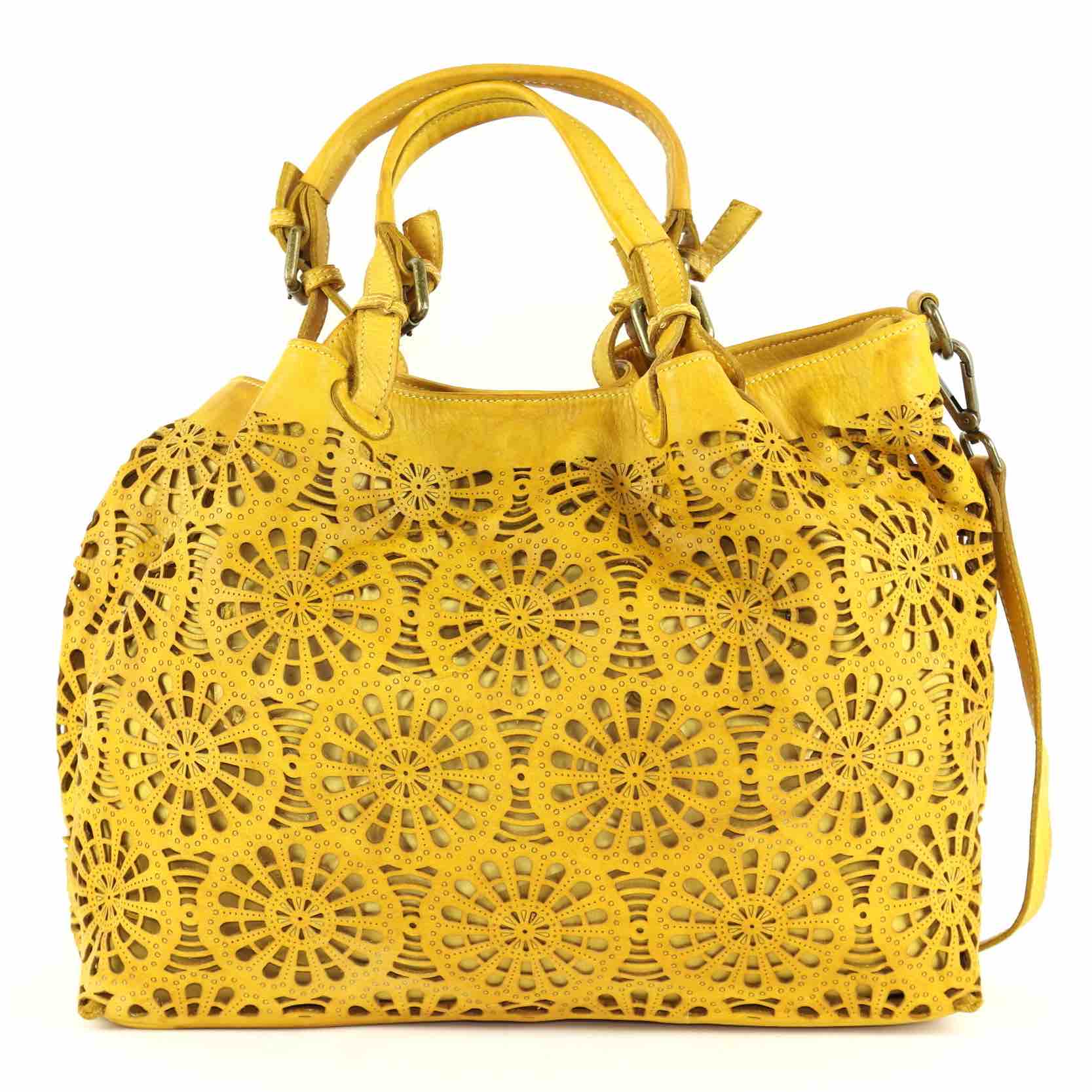 LUCIA Tote Bag Laser Cut Detail Mustard The Leather Mob