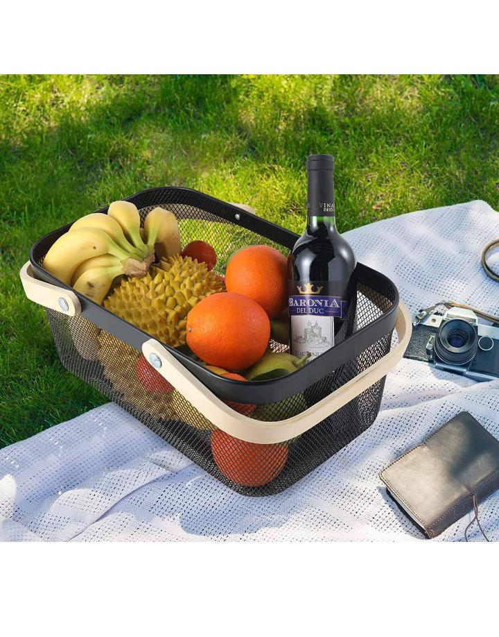 Metal Rectangular Mesh Basket With Wooden Handle The Little Gift Boutique