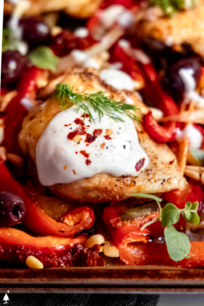 Simple, delicious, reliable, and easy to clean up, this Mediterranean chicken is everything you want from a weeknight dinner! #mediterraneanchicken #lowcarbmediterraneanchicken closer view of mediterranean chicken recipe