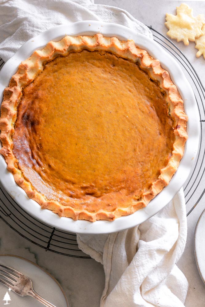 Silky, creamy, tender and sweet, this keto pumpkin pie is the only pie recipe you NEED this holiday season! #ketopumpkinpie #lowcarbpumpkinpie top view of pumpkin pie low carb