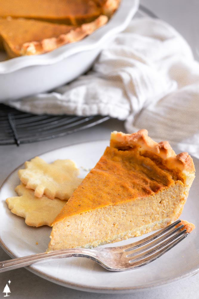 Silky, creamy, tender and sweet, this keto pumpkin pie is the only pie recipe you NEED this holiday season! #ketopumpkinpie #lowcarbpumpkinpie a slice of sugar free pumpkin pie in a plate