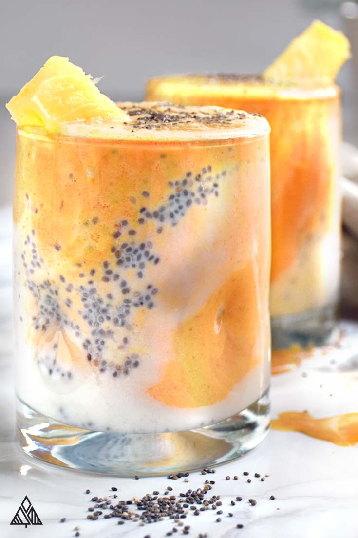 This anti inflammatory smoothie is full of power house goodies to start your day right! Check out the recipe variations to try your own twist! #antiinflammatorysmoothie #lowcarbantiinflammatorysmoothie 2 glasses of anti inflammatory smoothie