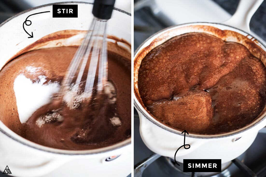 Discover how rich, creamy, chocolatey and delicious this sugar free chocolate syrup recipe will make everything in your low carb kitchen taste! From stevia desserts to breakfast — everything tastes better with chocolate! #sugarfreechocolatesyrup #lowcarbchocolatesyrup how to make sugar free chocolate syrup in a saucepan with a whisk