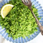 Top view of broccoli rice in a plate
