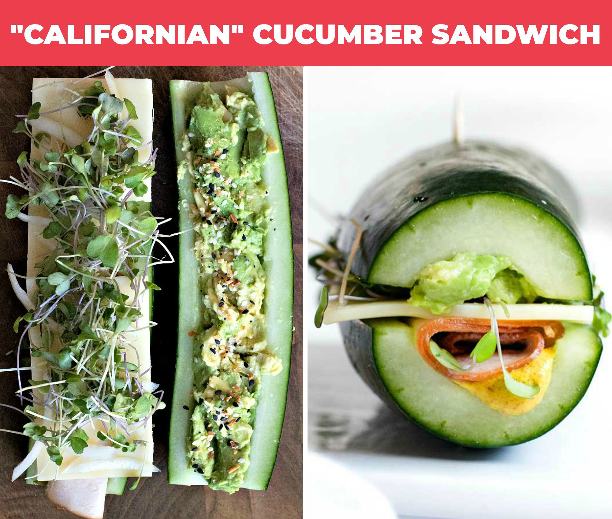 Healthy, tasty and SUUUPER easy cucumber sandwiches are the answer to your low carb lunch requests! Fill them up with cream cheese, ranch, meat and toppings for a keto version of your favorite subs! #cucumbersandwiches #lowcarbcucumbersandwiches collage of "californian" cucumber sandwich