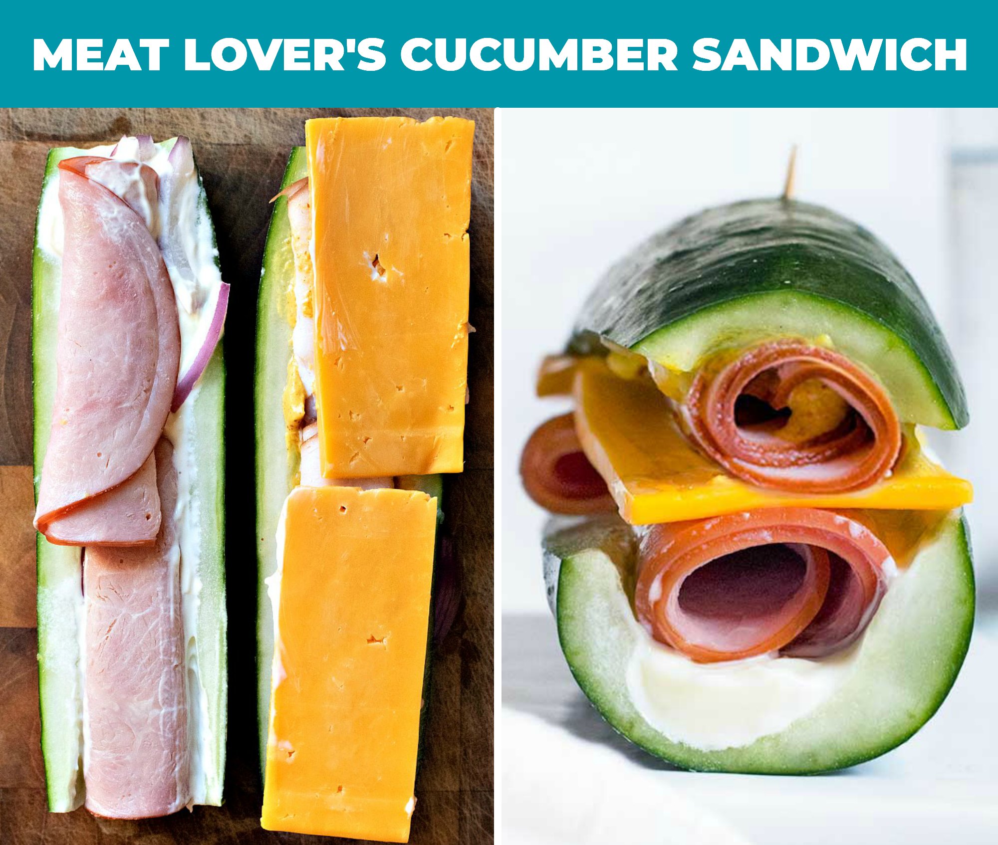 Healthy, tasty and SUUUPER easy cucumber sandwiches are the answer to your low carb lunch requests! Fill them up with cream cheese, ranch, meat and toppings for a keto version of your favorite subs! #cucumbersandwiches #lowcarbcucumbersandwiches collage of meat lover's cucumber sandwich