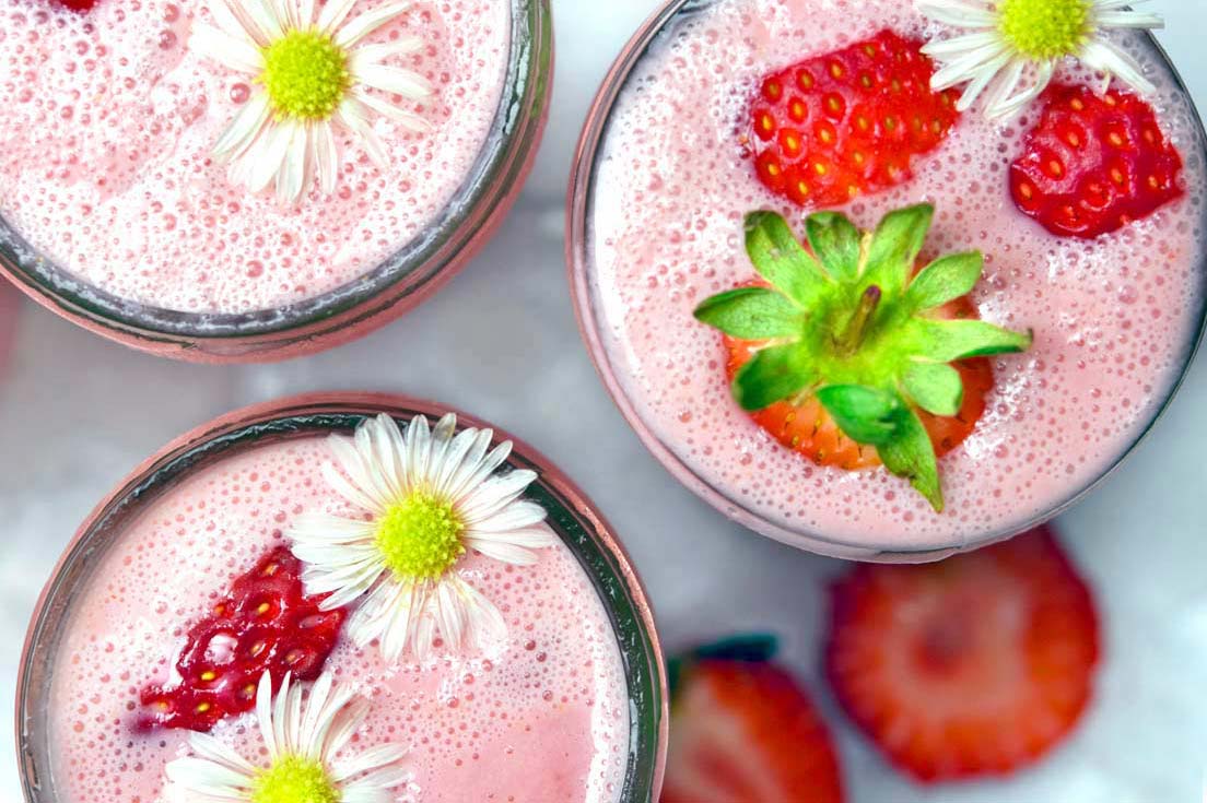 Closer look of strawberry smoothie in a glass