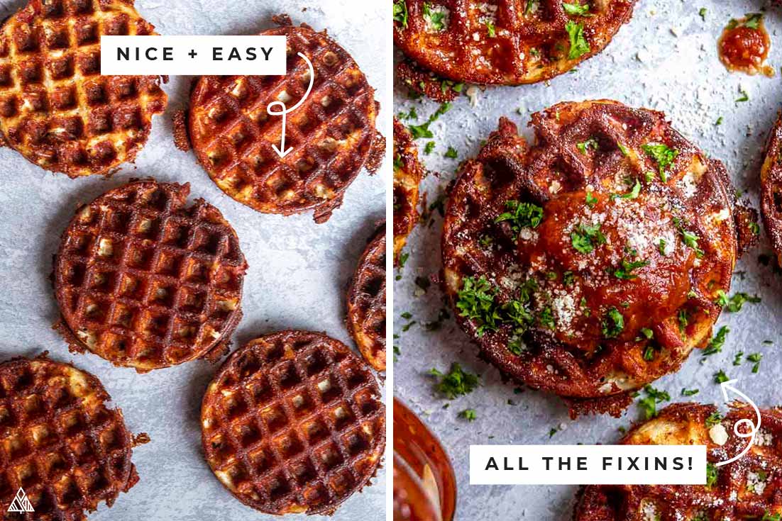 Cheese + eggs = your new low carb breakfast obsession, CHAFFLES! These delicious, versatile healthy treats are great for busy mornings or weekend waffle bars! #chaffles #lowcarbchaffles Collage of pizza chaffles with and without the fixins