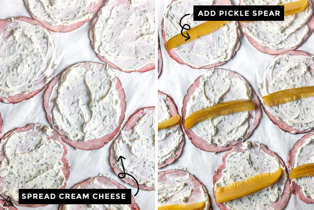 These ham roll ups make for mouthwatering and addictive snacks. Creamy cheese and tangy pickles pair perfectly with this salty ham, and you guys, they just look so fancy! #hamrollups #lowcarbhamrollups Cream cheese and pickles into each piece of ham