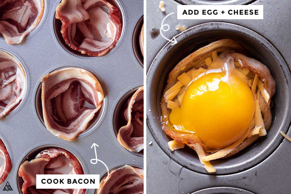 Waking up is hard, so when I want a week of easy, breezy mornings I whip up a batch of these dreamy 30 minute keto breakfast muffins! #lowcarbbreakfastmuffins #ketobreakfastmuffins A collage of muffin tin with bacon, cheese and eggs