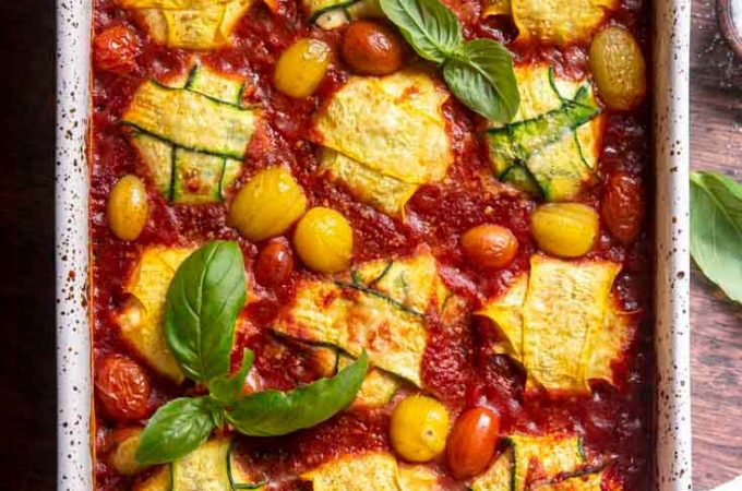 Zucchini ravioli in a casserole dish