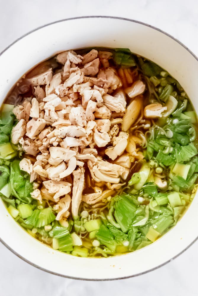 *NEW* I want this keto ramen to comfort you. Flavorful. Noodles. Jammy. Egg. This is not your every day low carb chicken soup. #ketoramen #lowcarbramen top view of keto ramen noodles
