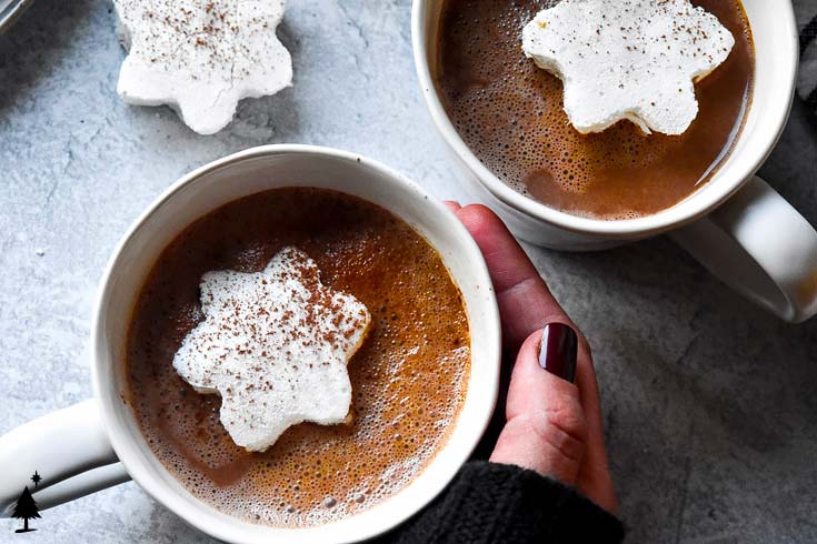This keto hot chocolate is oh-so rich and creamy, and will leave you feeling warm and toasty inside -- no snow necessary! #ketohotchocolate #lowcarbhotchocolate top view keto hot chocolate recipe almond milk with marshmallow