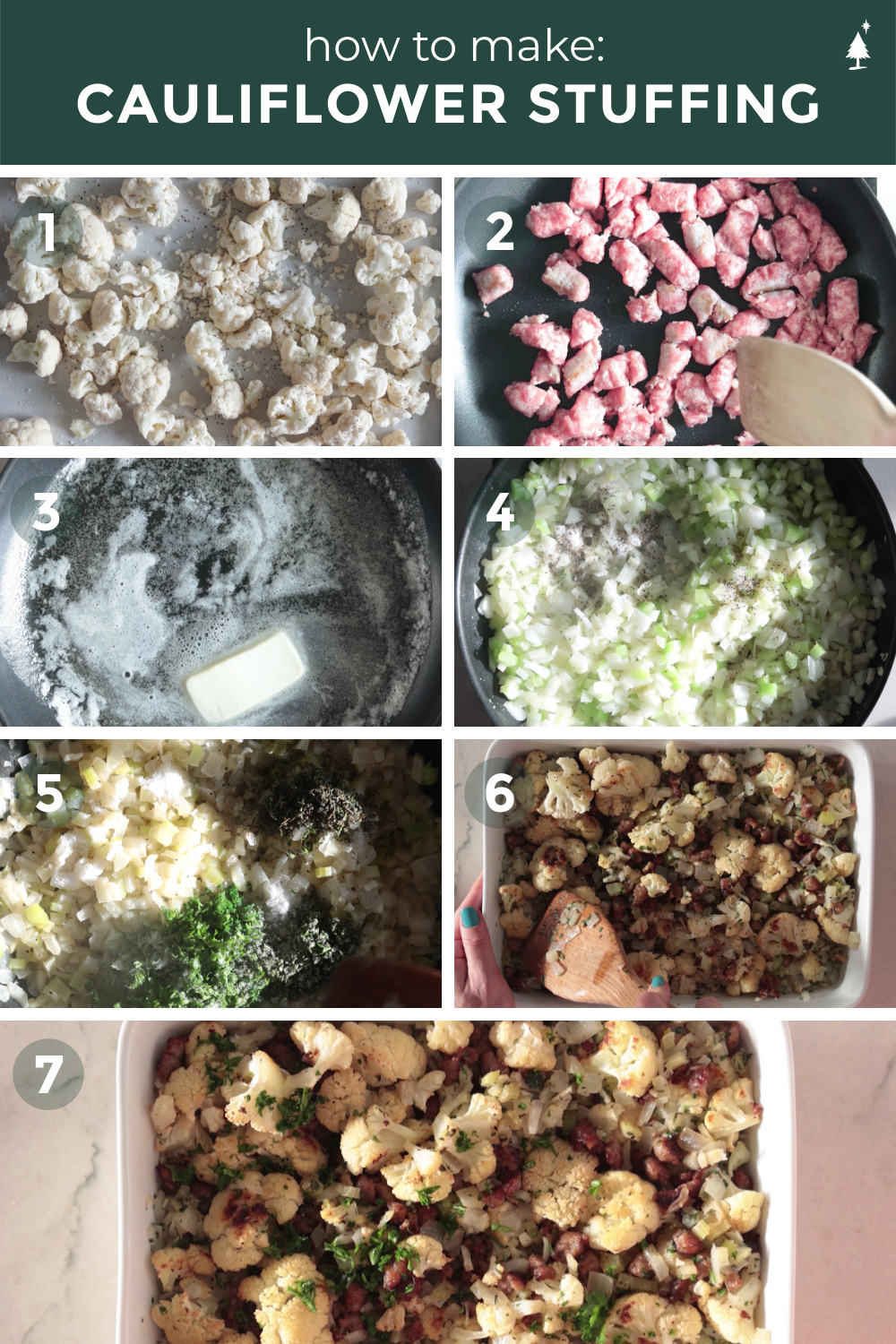 Sausage, veggies, and all the herbs, this cauliflower stuffing will be the star of your Thanksgiving dinner! #ketocauliflowerstuffing #lowcarbcauliflowerstuffing top view of cauliflower stuffing keto