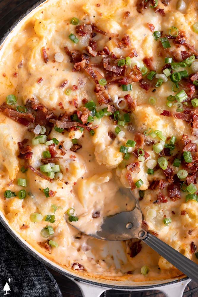 closer view of loaded cauliflower casserole keto
