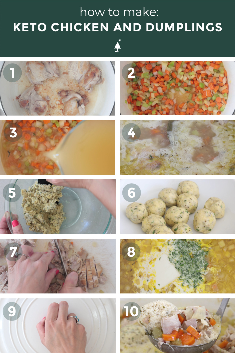 Pipin' hot chicken, veggies, creamy broth, and buttery dumplings, this keto chicken and dumplings is here to warm you from the inside out. #ketochickenanddumplings #lowcarbchickenanddumplings top view of gluten free chicken and dumplings