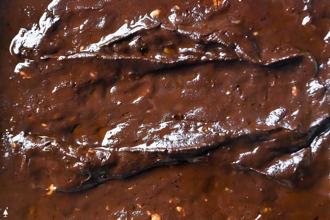 Thick, gooey square of keto fudge -- Intense chocolate, bits of walnuts, if you’re going to have one bite of dessert, let it be this! #ketofudge #lowcarbfudge top view of keto fudge recipe
