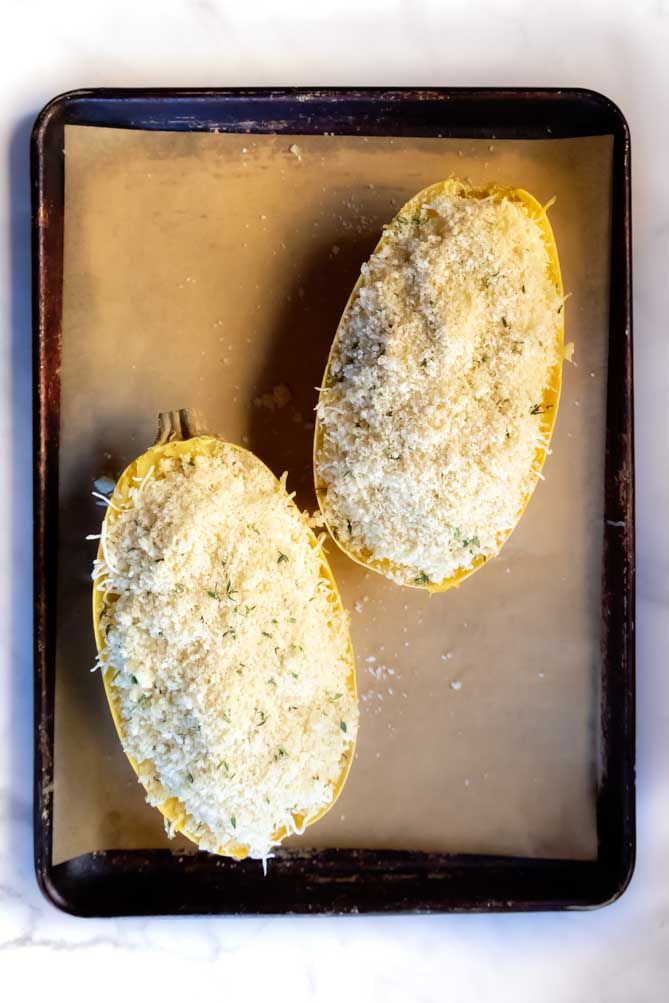 top view of stuffed spaghetti squash healthy