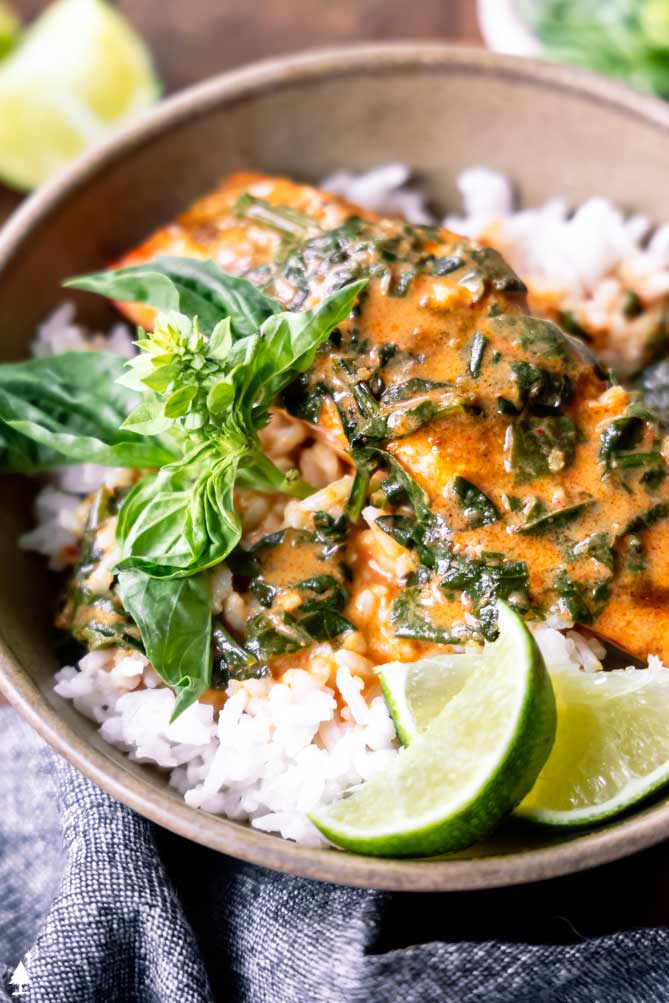 easy salmon curry with coconut milk over rice in a bowl