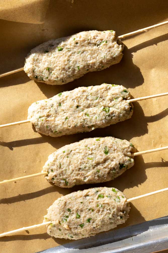 chicken kofta kebab on a baking sheet