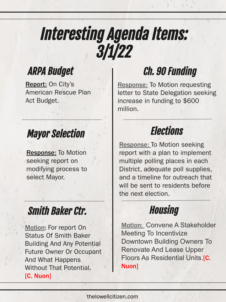 Agenda Items for 3/1/22 The Lowell Citizen