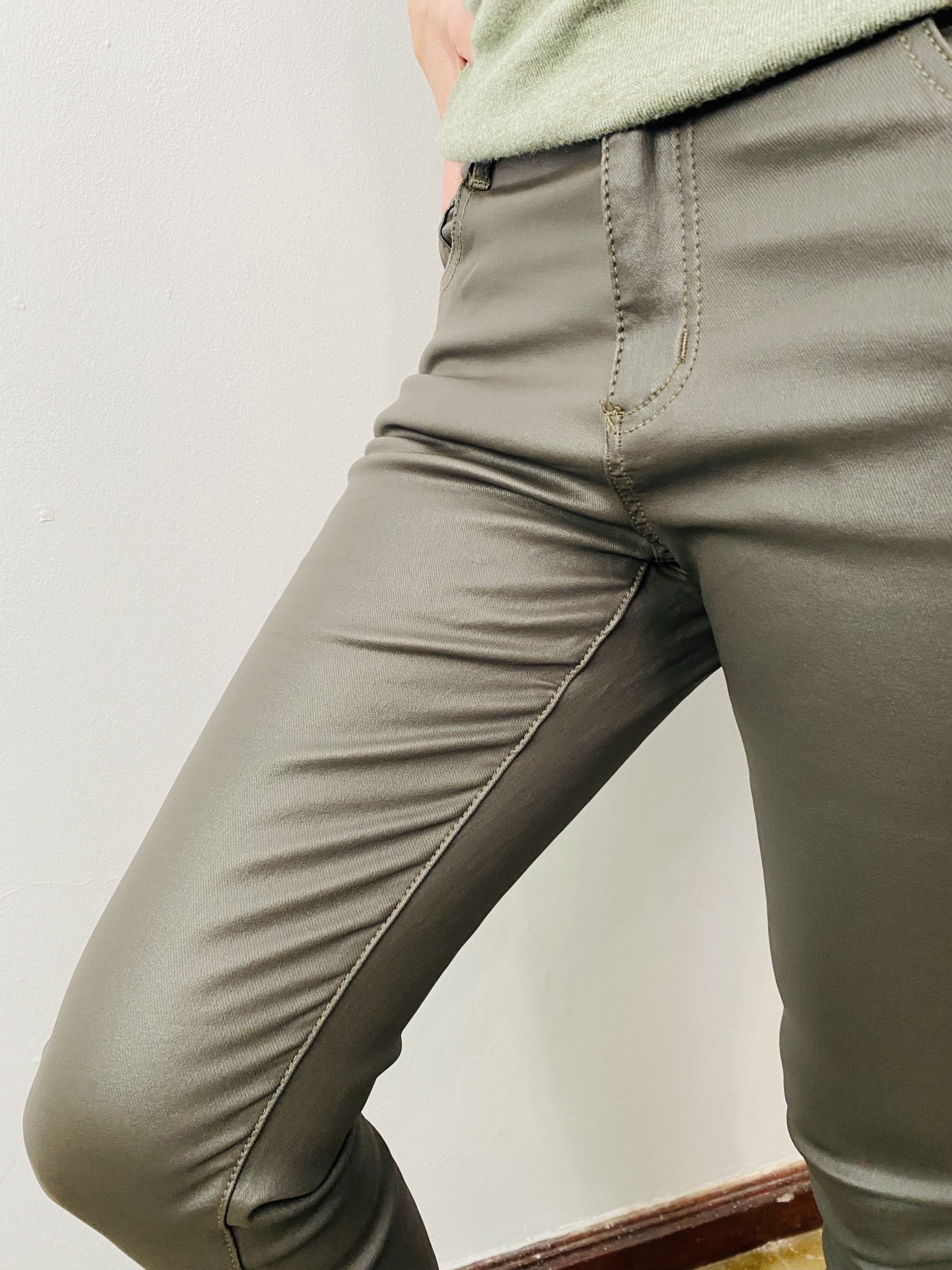 Coated Cotton Dark Green Stretch Jeans The Makery Collection