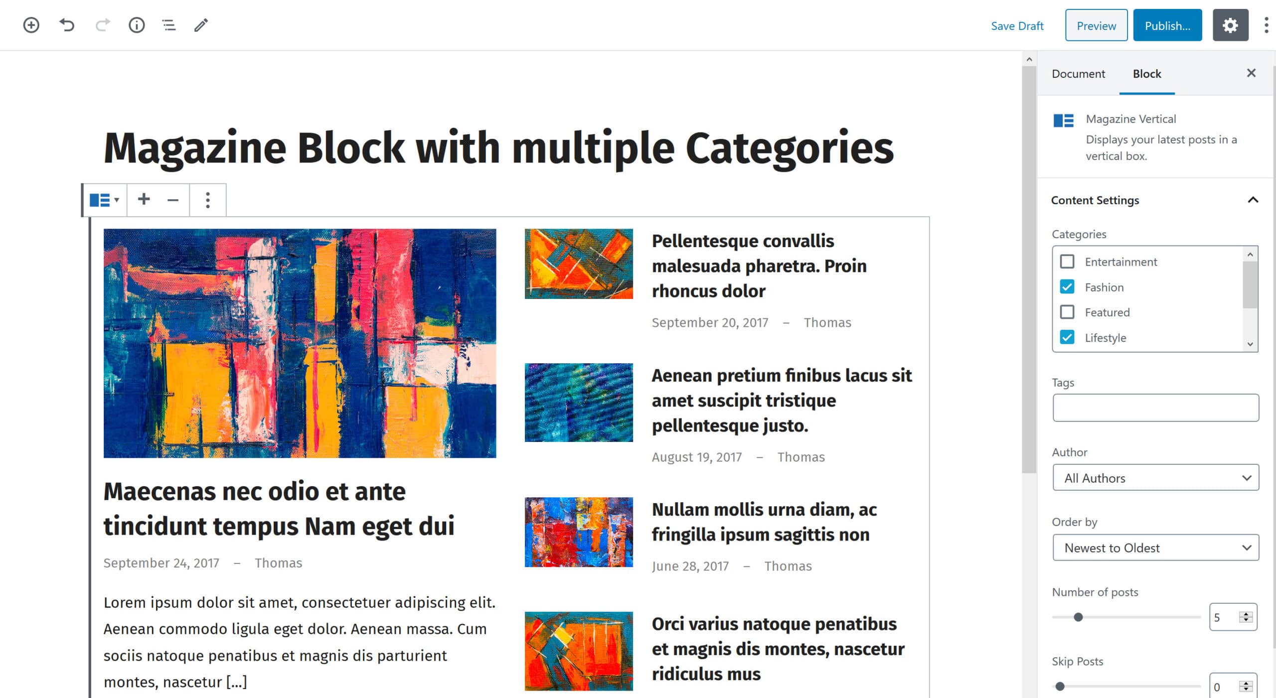 Magazine Blocks Update Selecting multiple categories ThemeZee