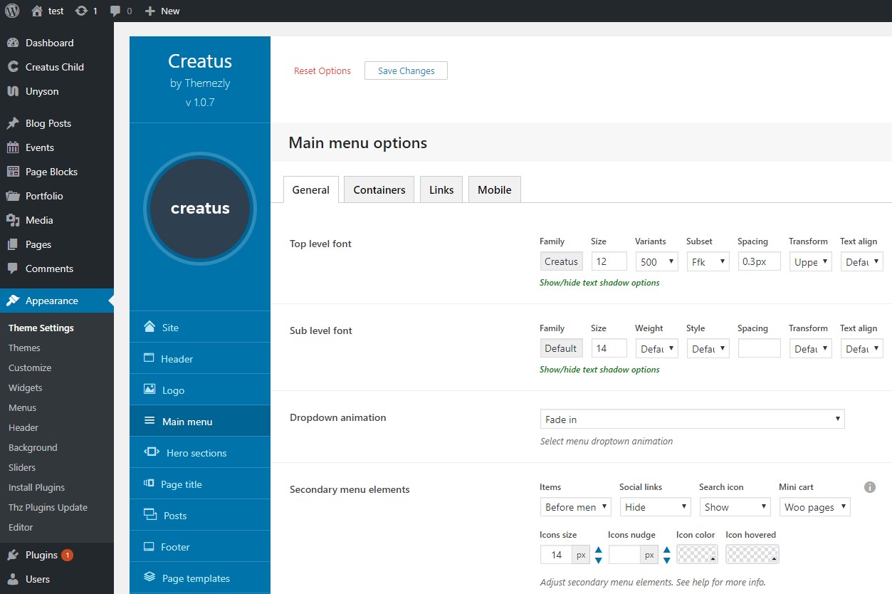 Main menu options Themezly™