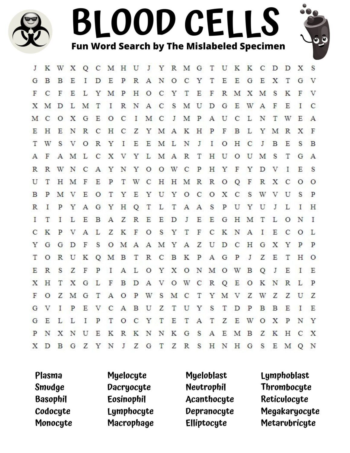 Word Search Blood Cells The Mislabeled Specimen Fun and Games