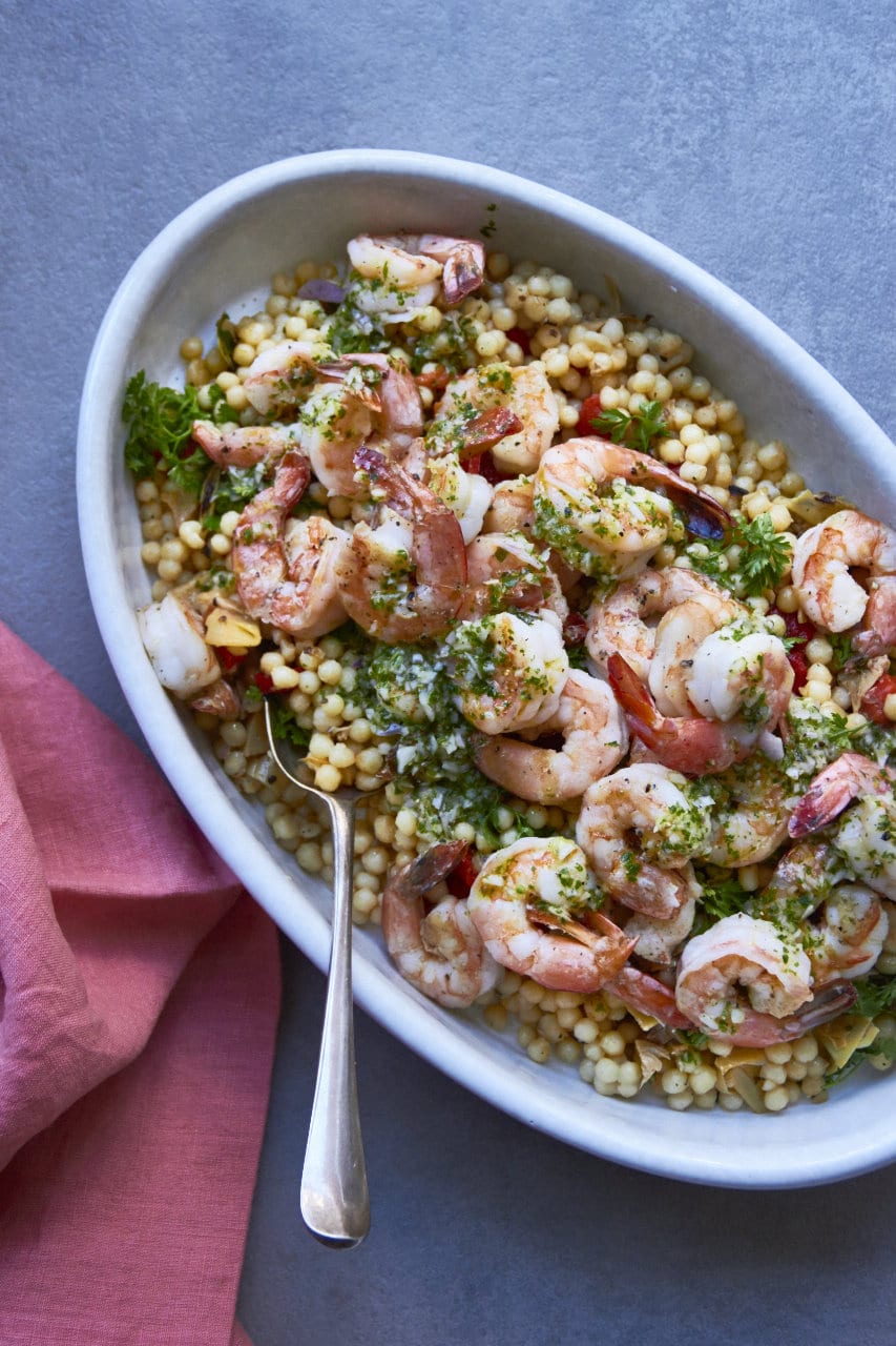 Couscous Salad with Shrimp, Roasted Tomatoes and Pesto Dressing — The