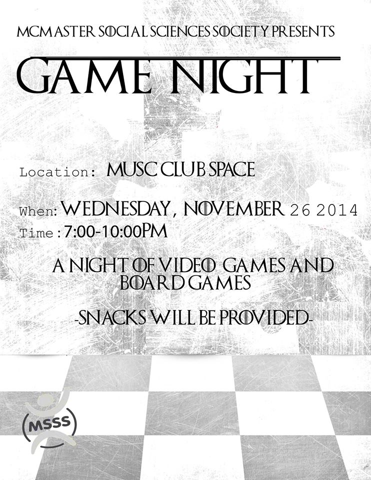MSSS Game Night! The McMaster Social Sciences Society