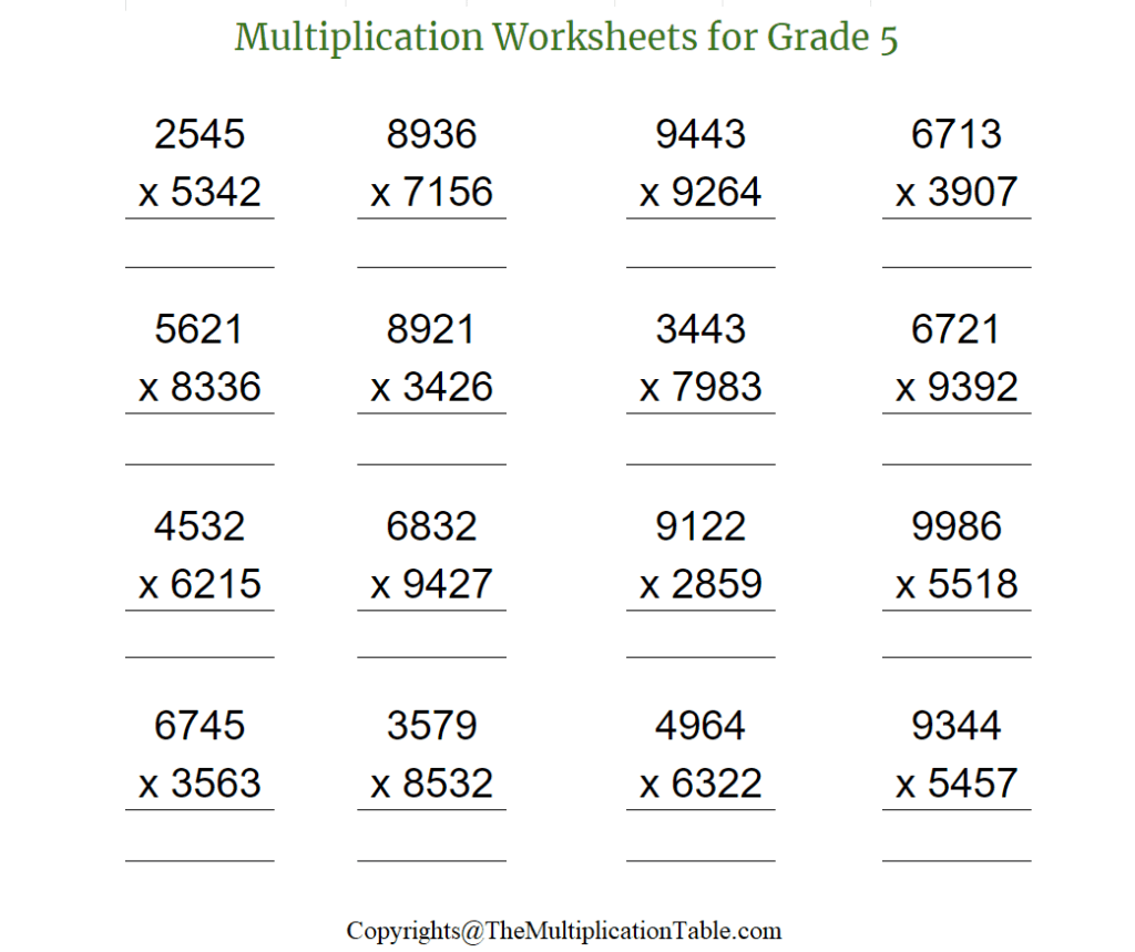 Printable Multiplication Worksheet for Grade 5 With Pictures