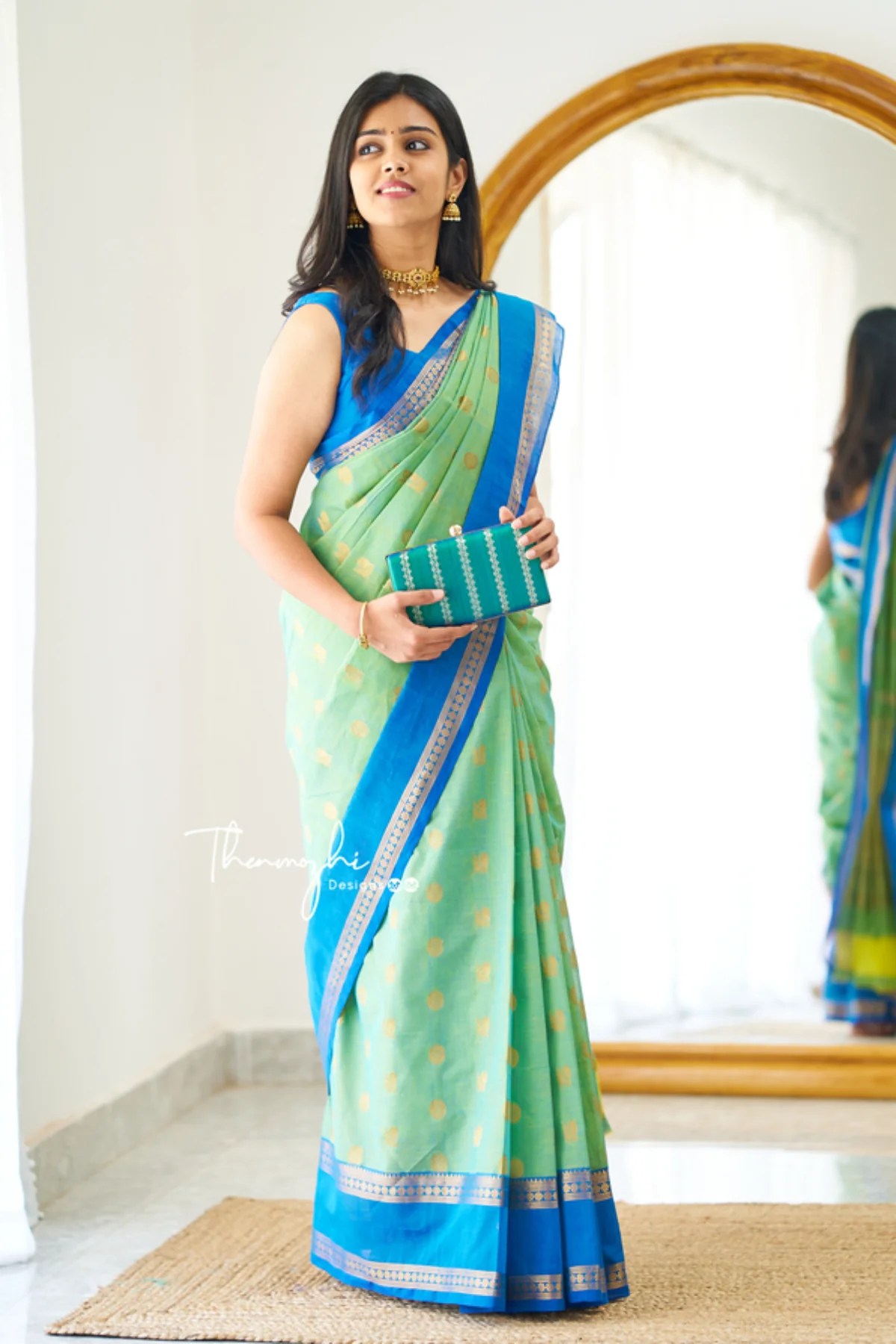 Buy Chettinad Cotton Light Green Saree With Blue Border