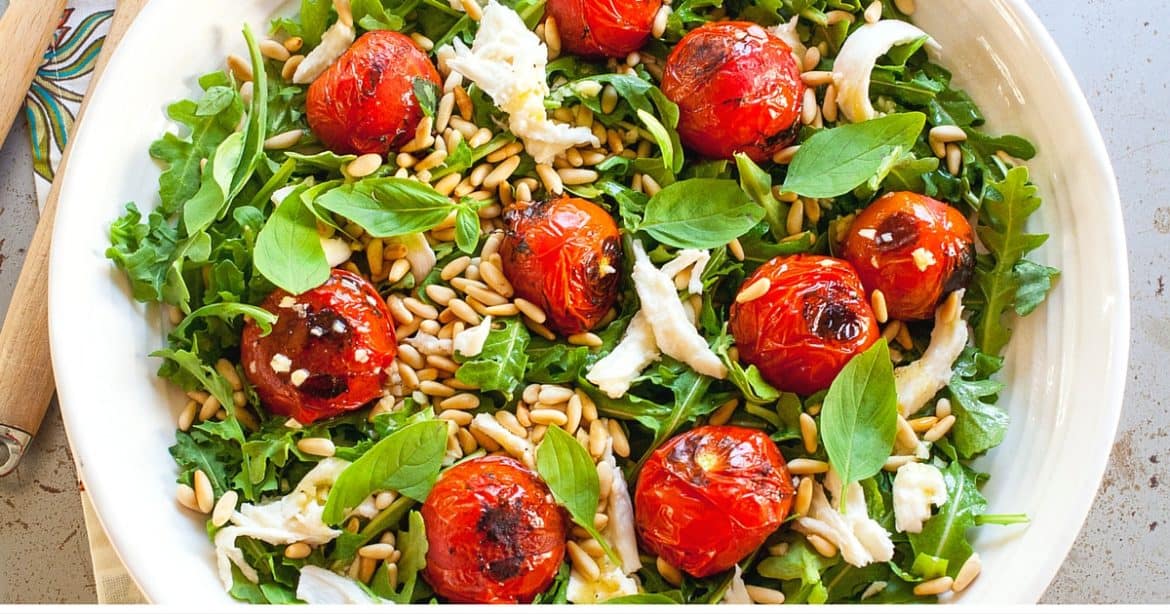 Blistered Tomato Mozzarella and Arugula Salad The Noshery