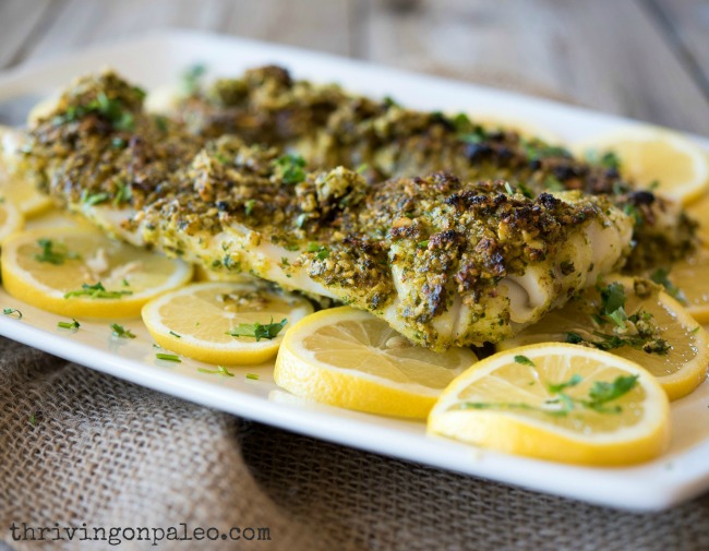 Broiled Cod with Parsley Almond Pesto The Nourishing Home