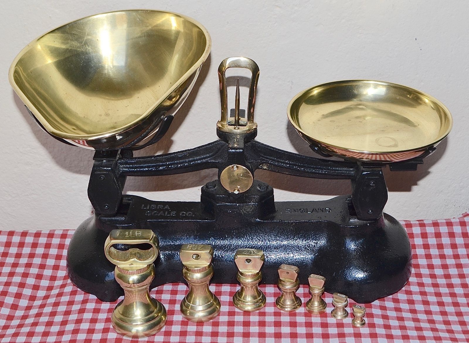 VINTAGE ENGLISH KITCHEN SCALES LIBRA 7 BRASS BELL WEIGHTS The Old Parlour