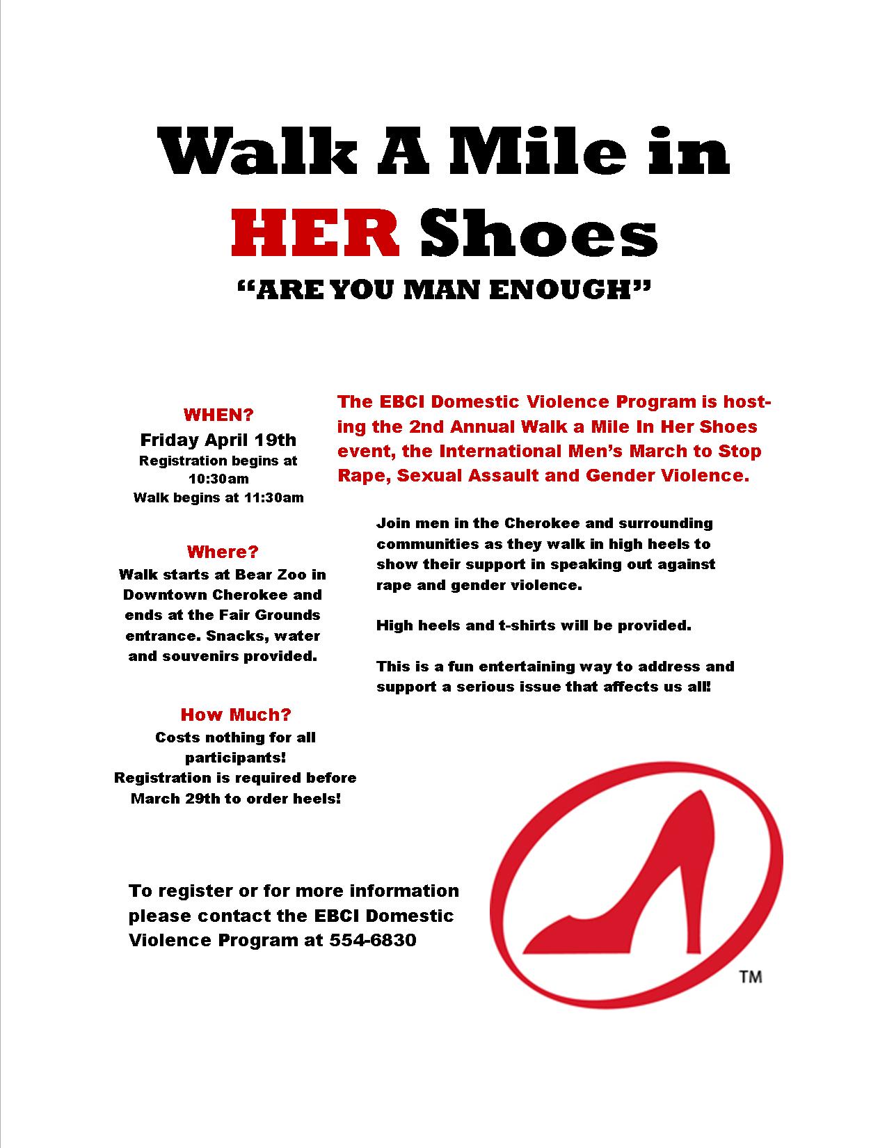 Walk A Mile in Her Shoes event flyer The Cherokee One Feather