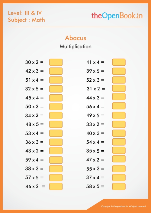 Abacus Worksheets, Printable Worksheets, Multiplication 01