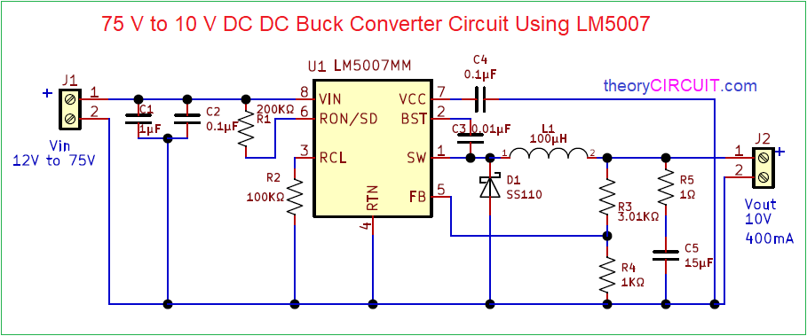 75V to 10V DC DC Buck Converter Circuit