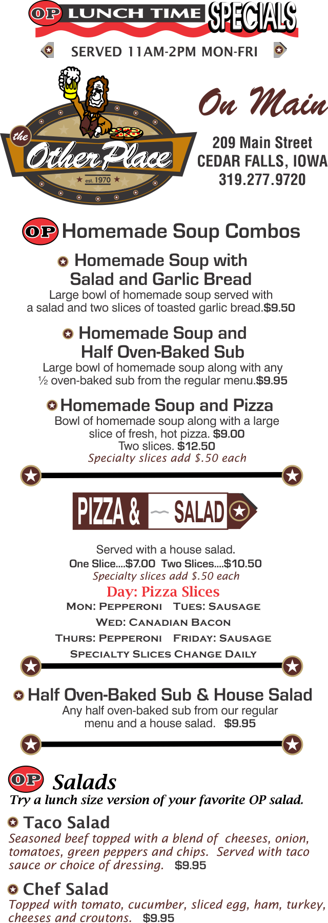 Cedar Falls On Main St. Lunch Menu The Other Place