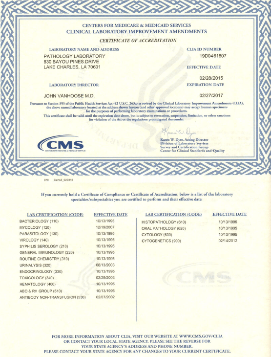 Lab Certifications « The Pathology Laboratory Lake Charles, LA