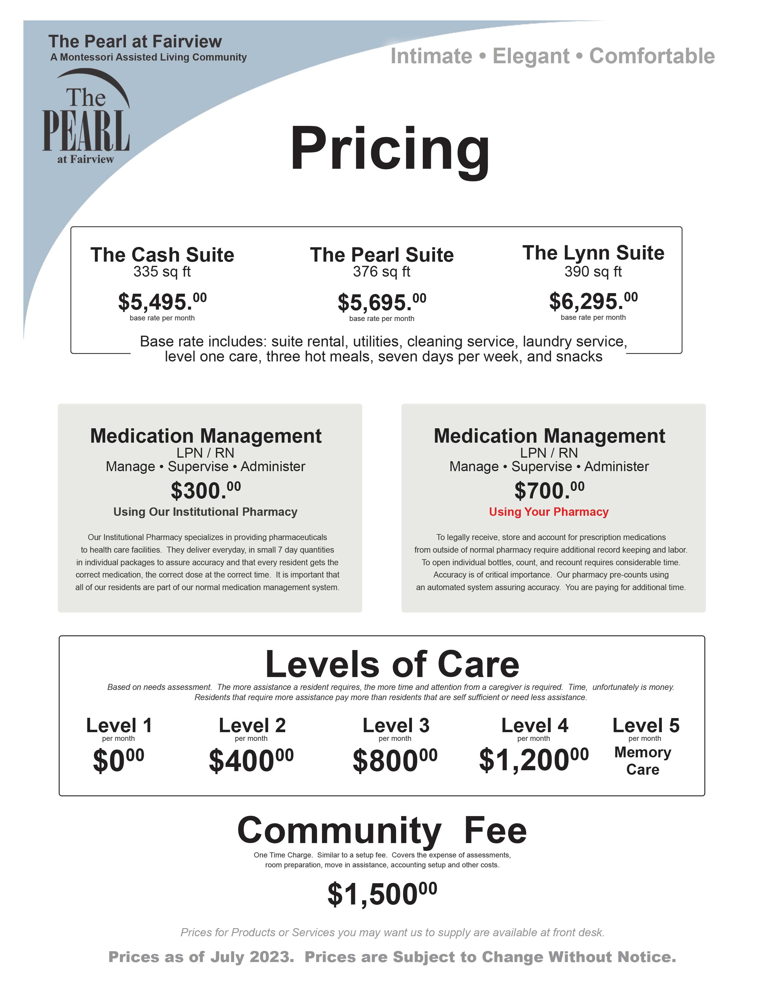 Assisted Living Pricing The Pearl at Fairview