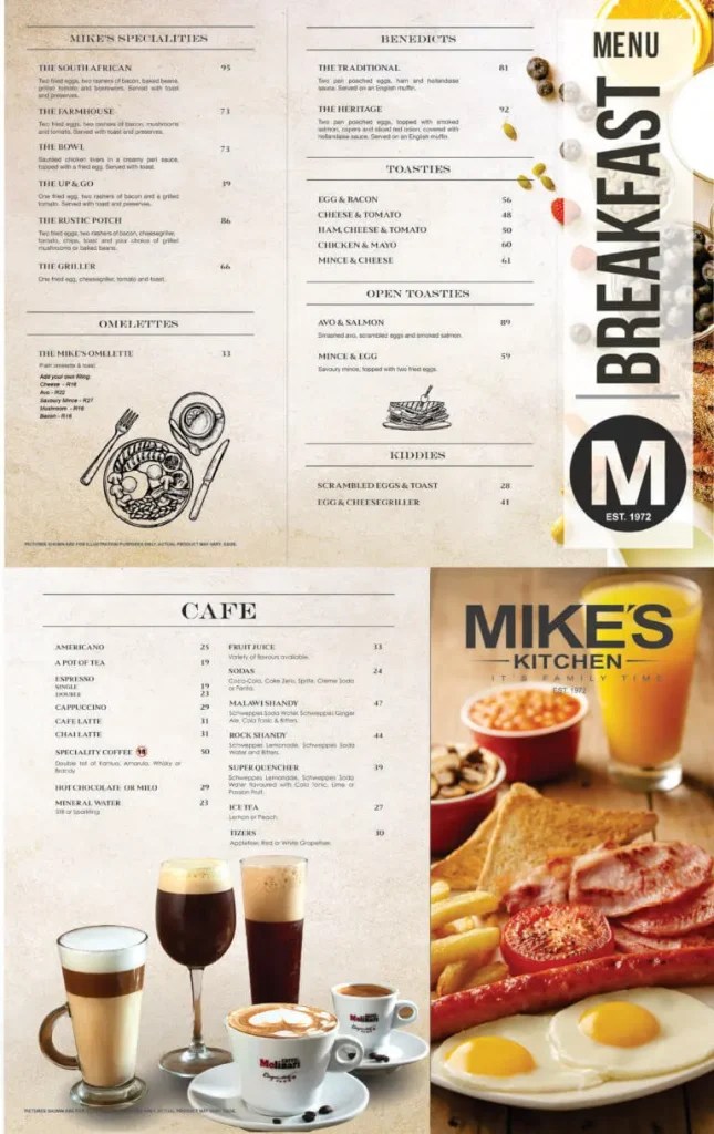 Mike’s kitchen Breakfast Menu and Times South Africa 2024