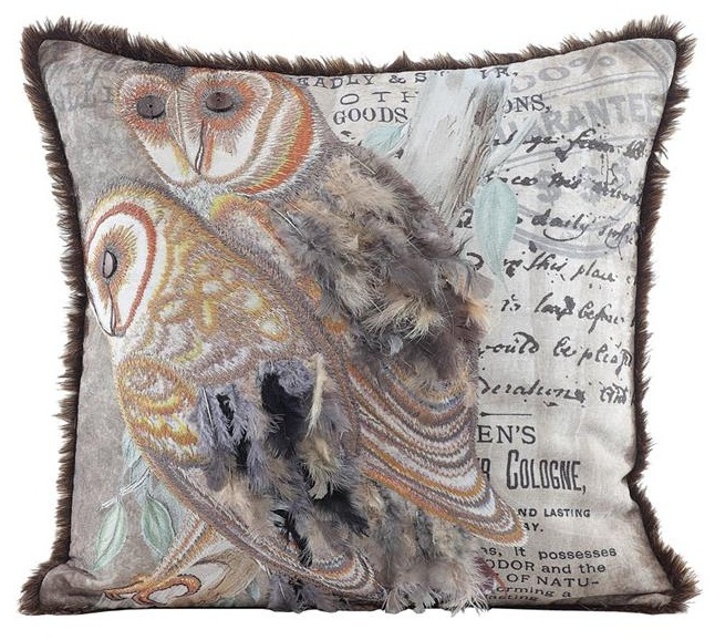 Embroidered Owl Pillow with Feathers PHAG