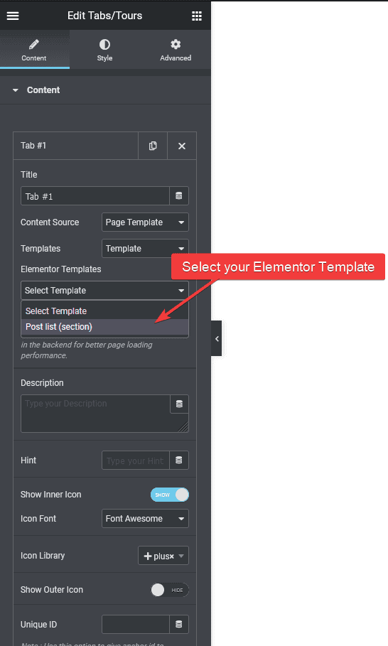 How can you use an Elementor template inside the Tabs widget? The